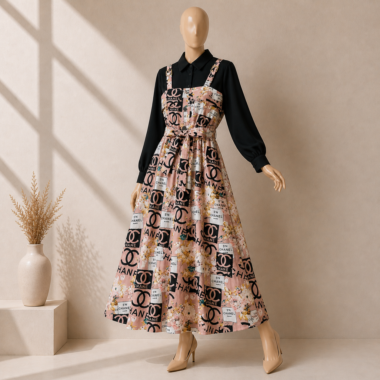 Floral Strap Maxi Dress with Shirt – Elegant Women Outfit