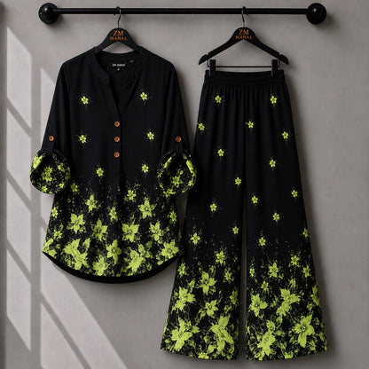 Black co-ord set with vibrant lime floral print and premium relaxed fit trousers.