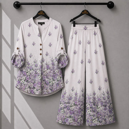 White floral printed women's co-ord set featuring lavender flowers and matching trousers.