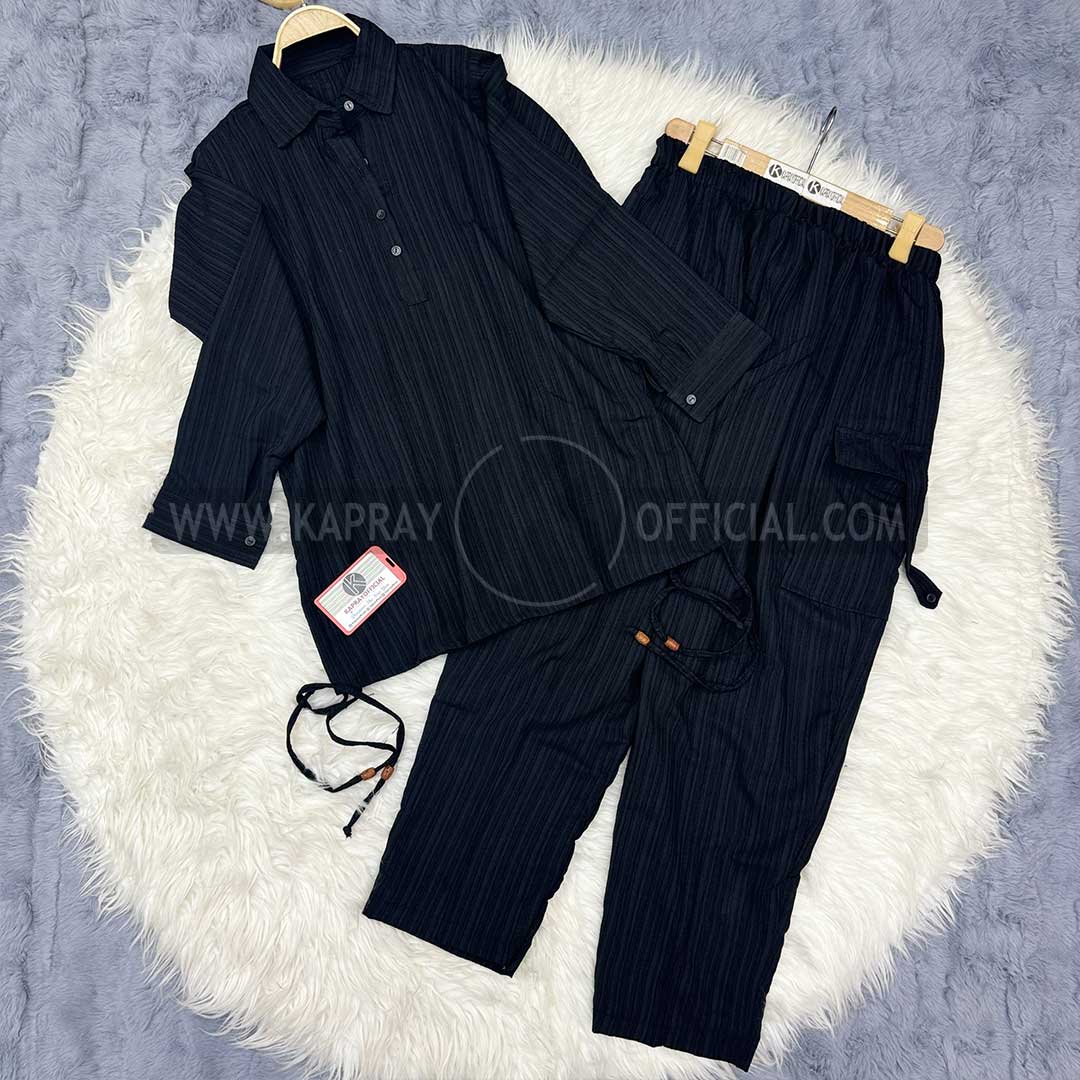 Striped Two-Piece Cord Set KO-6 Black S - Main Image