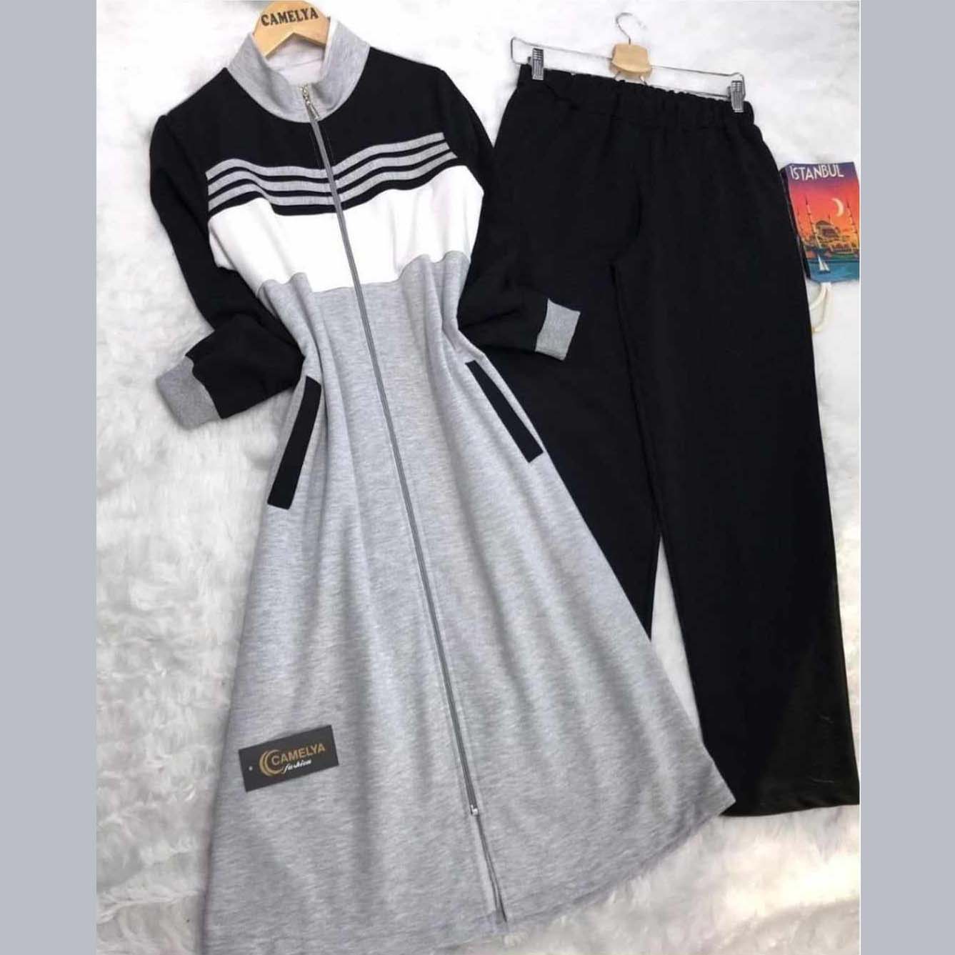 Long Front Stripe Style Patch-Work 2-Pcs Winter Zipper Tracksuit. WWTS-12
