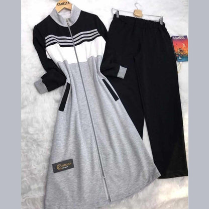 Long Front Stripe Style Patch-Work 2-Pcs Winter Zipper Tracksuit. WWTS-12