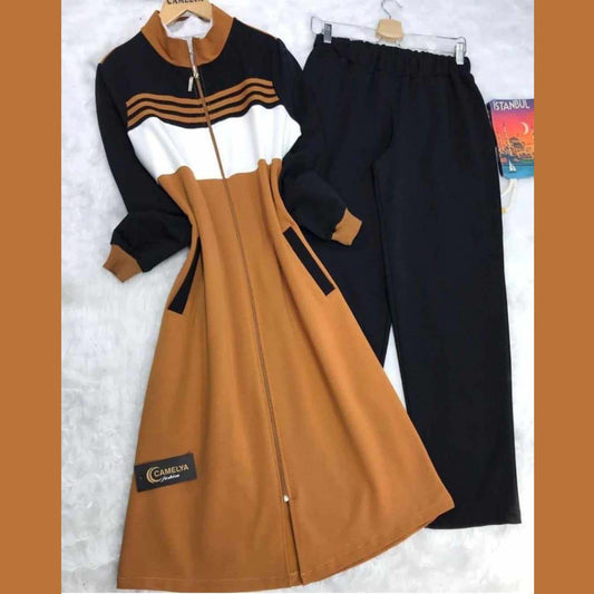 Long Front Stripe Style Patch-Work 2-Pcs Winter Zipper Tracksuit. WWTS-12