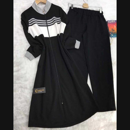 Long Front Stripe Style Patch-Work 2-Pcs Winter Zipper Tracksuit. WWTS-12